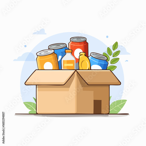 Cartoon Illustration Of Cardboard Box Filled With Colorful Cans And Drinks