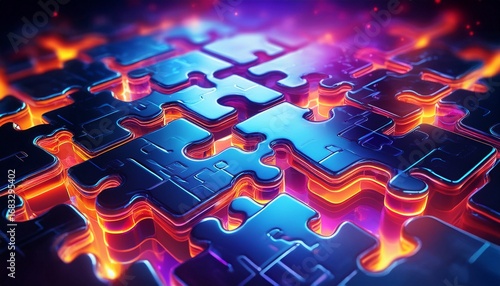 close up of interconnected glowing puzzle pieces in a vibrant futuristic design illuminated with neon hues of blue orange and purple