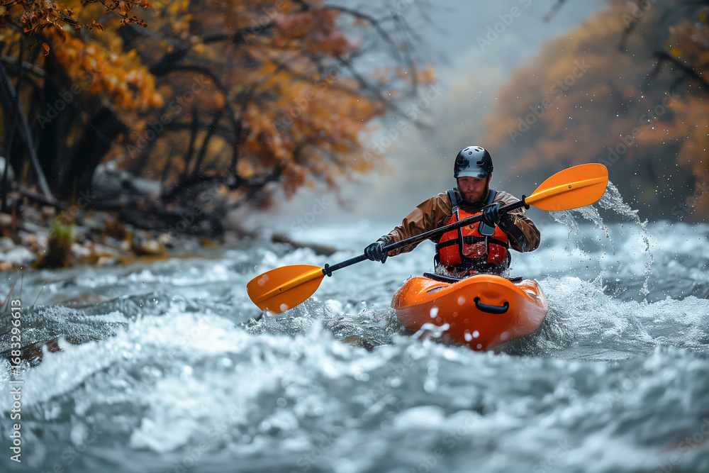 Fototapeta premium A man kayaking alone through a turbulent river surrounded by autumn trees, symbolizing personal challenge, risk and determination