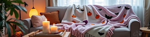 Cozy halloween-themed living room with pumpkin and bat blanket on sofa
