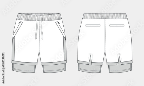 men's gym 2 in 1 shorts sketch, sport shorts sketch, activewear shorts flat sketch, unisex performance running shorts, shorts technical fashion drawing vector illustration
