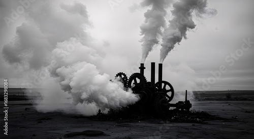 Surreal Steampunk Machine Emitting Smoke at Sunset in Desert Landscape