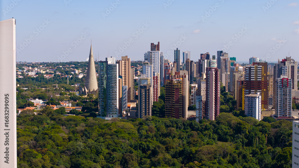 Obraz premium Aerial View of Maringa, Cathedral and downtown. Several buildings.