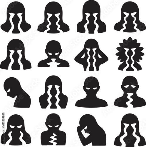 Silhouettes of crying faces with distorted features and emotional distress tears sorrow