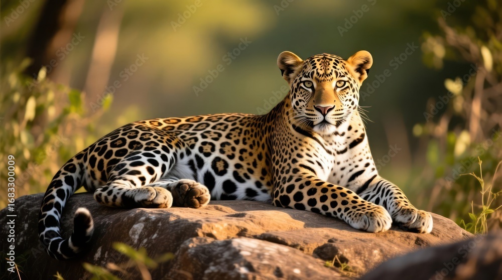 Naklejka premium Leopard resting on rock, golden light