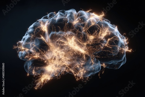 3D illustration of a brain with glowing neural pathways