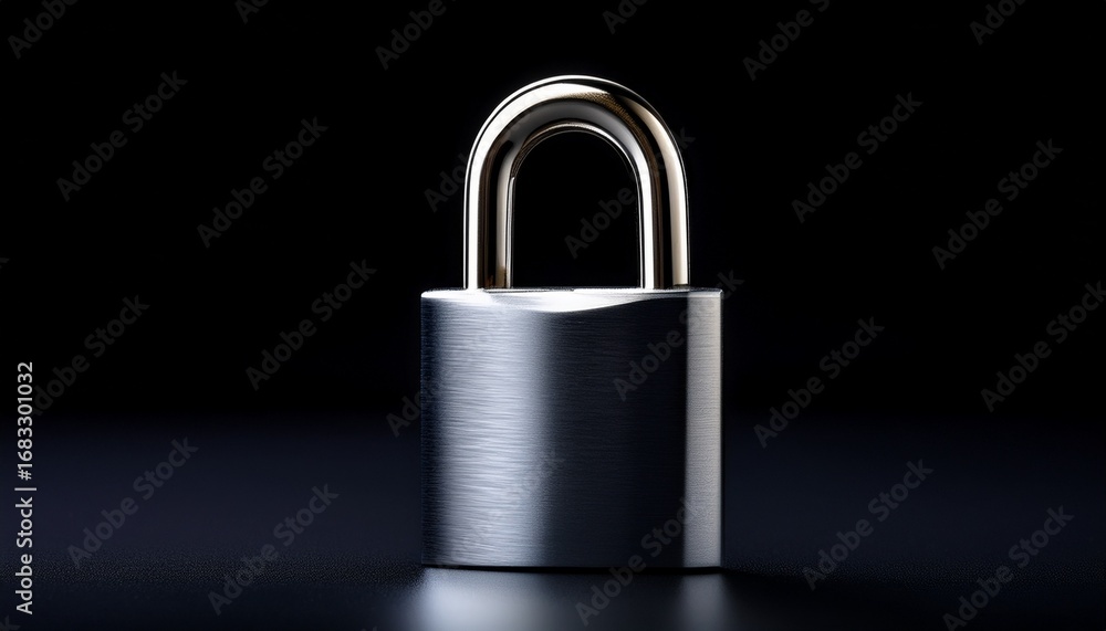 Fototapeta premium a close up image of a metallic padlock resting on a sleek black surface highlighting its texture and shine
