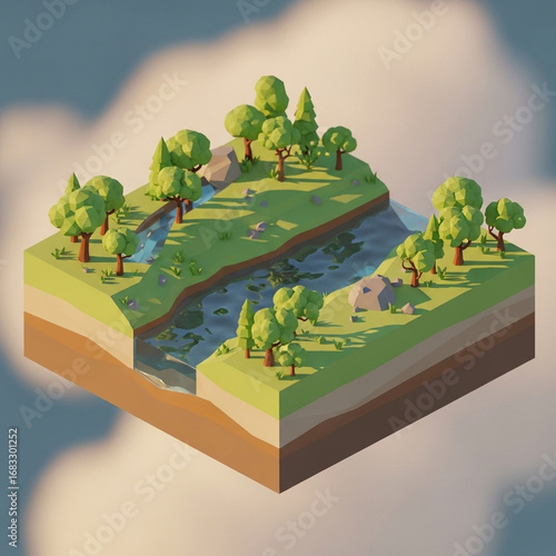Stylized 3D Cross-Section of Green Valley, Flowing River & Colorful Air Balloons – Low-Poly Concept Art. Generative AI.