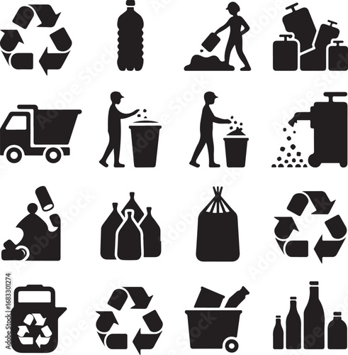 Recycling and Waste Management Icons in Silhouette garbage trash