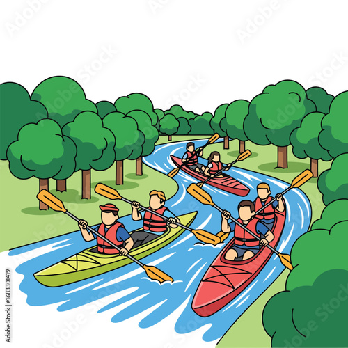 A group of friends enjoy a sunny day kayaking and canoeing down a winding river through a lush green forest.