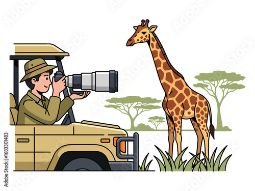 A photographer in a safari vehicle taking a picture of a giraffe in the African savanna.