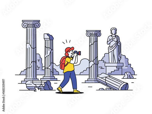 Tourist taking photos of ancient ruins.