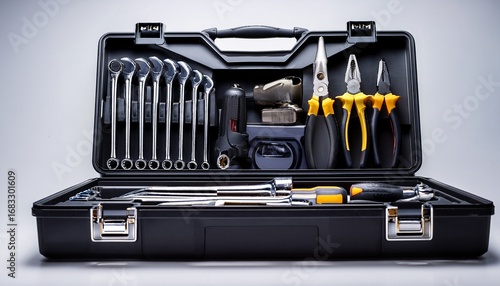 black tool box open with various tools inside