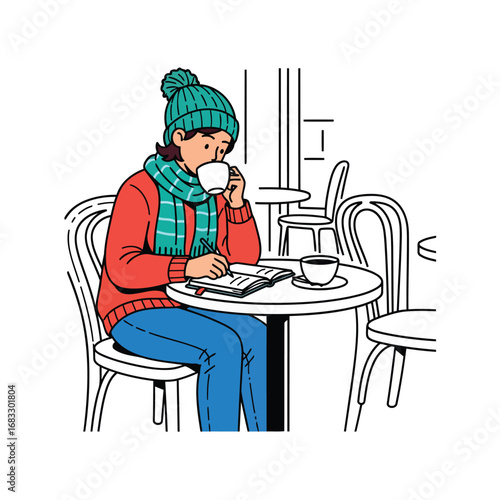 Woman in cafe drinking coffee and writing in notebook.