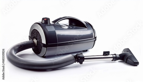 a canister vacuum cleaner with hose and wand isolated on white background