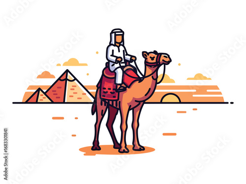 A person in traditional clothing rides a camel in front of pyramids at sunset.