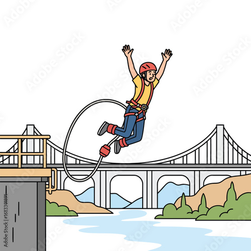A person wearing a helmet and harness is bungee jumping from a tall bridge over a river with hills in the background.