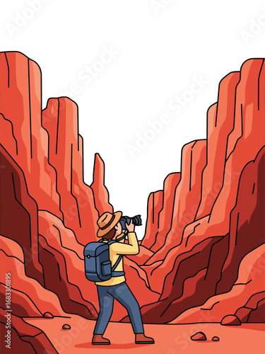 A tourist with a camera in a red canyon landscape, taking pictures.