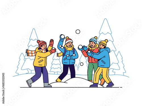 A group of friends enjoying a lively snowball fight in a snowy winter landscape with snow-covered trees.