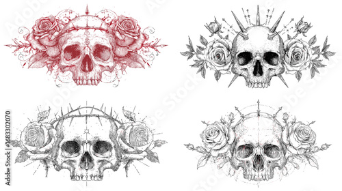 Detailed gothic skull illustration decorated with roses, thorns, and crowns in vintage tattoo style, perfect for rock, gothic, and dark art themes.