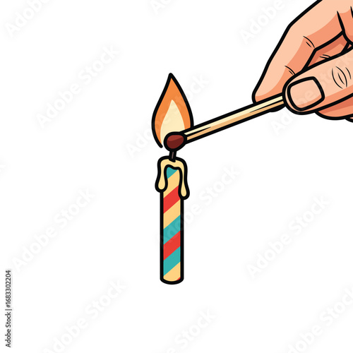 A cartoon hand holding a lit match igniting a colorful striped birthday candle against a white background.