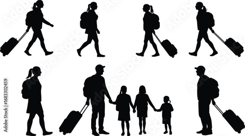 Silhouette of travelers walking with luggage including women, men, and children during travel or vacation trip at airport or station.