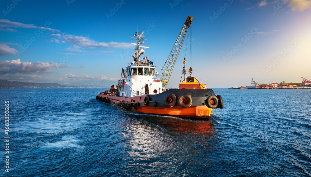 multi purpose tugboat with a crane on the aft deck and towing bitts multi purpose tugboat with a crane on the aft deck and towing bitts