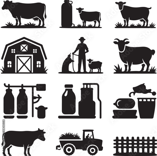 Farm animals and equipment silhouettes for dairy farming and agriculture sheep barn