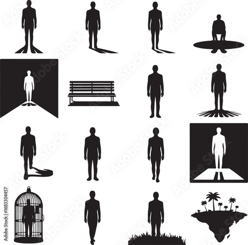 Collection of Human Silhouette Icons Representing Different States and Concepts person woman