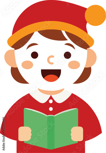 Cartoon illustration of a child singing Christmas carols from a green book