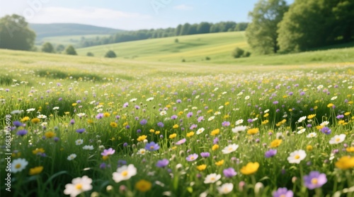 Lush meadow bursts with wildflowers under a gentle sunlight