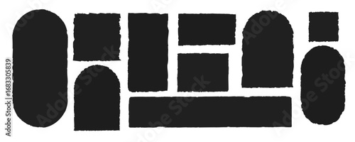 Black jagged rectangular and oval frames, vector set of torn paper fragments, cut silhouettes, grunge textures for collage, sticker, banner, label. Isolated on white background.