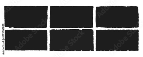 Set of black frames made of torn paper with jagged edges. Rectangles and torn silhouettes for collage, sticker, banner, label, text box. Grunge vector elements isolated on white background.