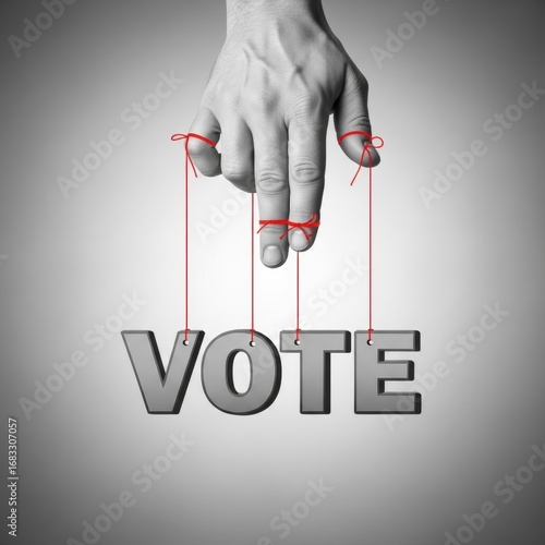 Puppet master controls vote manipulated elections government control political power and influence white background