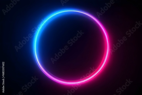 Neon light effect with a glowing circular frame on a dark background. The blue and pink neon glow forms the shape of an empty ring,