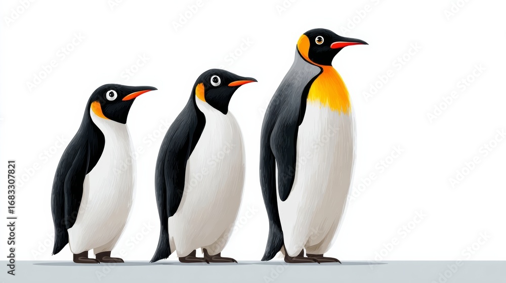 Obraz premium Three stylized penguins standing in a row, showcasing varying sizes and distinct features, with a clean white background emphasizing their unique characteristics and playful nature in a whimsical illu