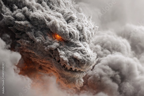 Close-up of a monstrous, gray dragon's head.  Fiery orange eyes, and a powerful, textured jaw. Smoky, gray background