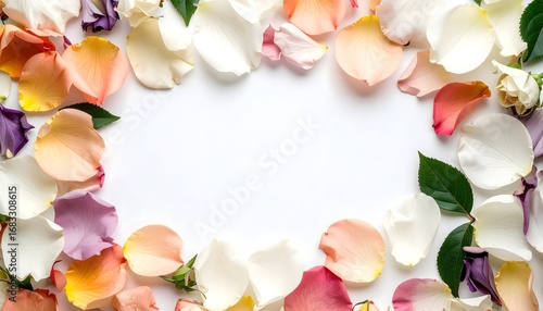 Colorful Rose Petals Arranged in a Decorative Frame on White Background