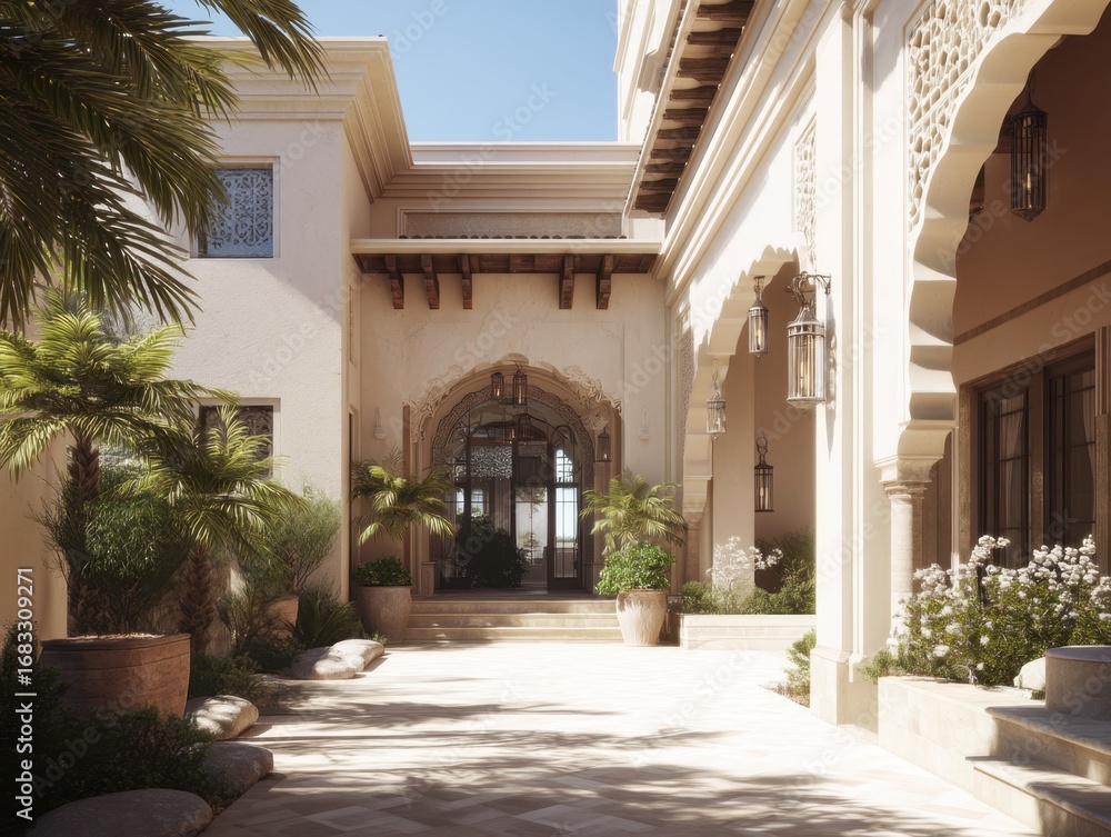 Fototapeta premium A large white house with a courtyard in the middle. The courtyard has a lot of plants and trees