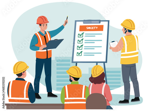 “Construction Workers Safety Training Illustration – Workplace Safety, Engineering Team Meeting, Occupational Health Checklist in Flat Vector Style”