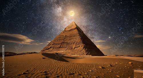 A breathtaking view of an ancient Egyptian pyramid illuminated by a full moon against the backdrop of a starry night sky and the Milky Way