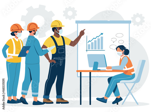 “Construction Workers Safety Training Illustration – Workplace Safety, Engineering Team Meeting, Occupational Health Checklist in Flat Vector Style”