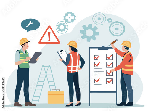 “Construction Workers Safety Training Illustration – Workplace Safety, Engineering Team Meeting, Occupational Health Checklist in Flat Vector Style”