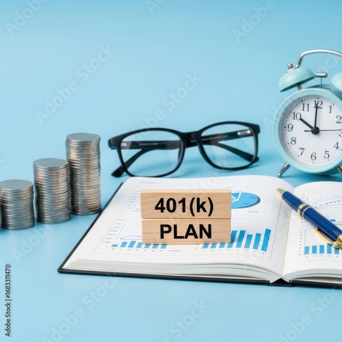 Financial planning success saving for retirement with 401(k) plan and growing investments white background