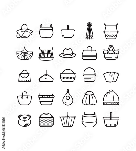 Planche de pictogrammes vectoriels représentant des paniers en osier et rotin, diverses formes et usages. Design minimaliste, créatif et épuré, illustrant les paniers du marché, pique-nique