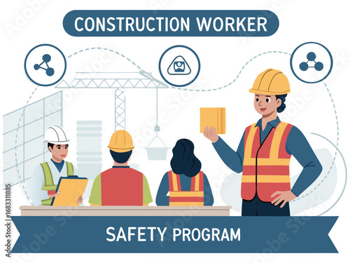 “Construction Workers Safety Training Illustration – Workplace Safety, Engineering Team Meeting, Occupational Health Checklist in Flat Vector Style”