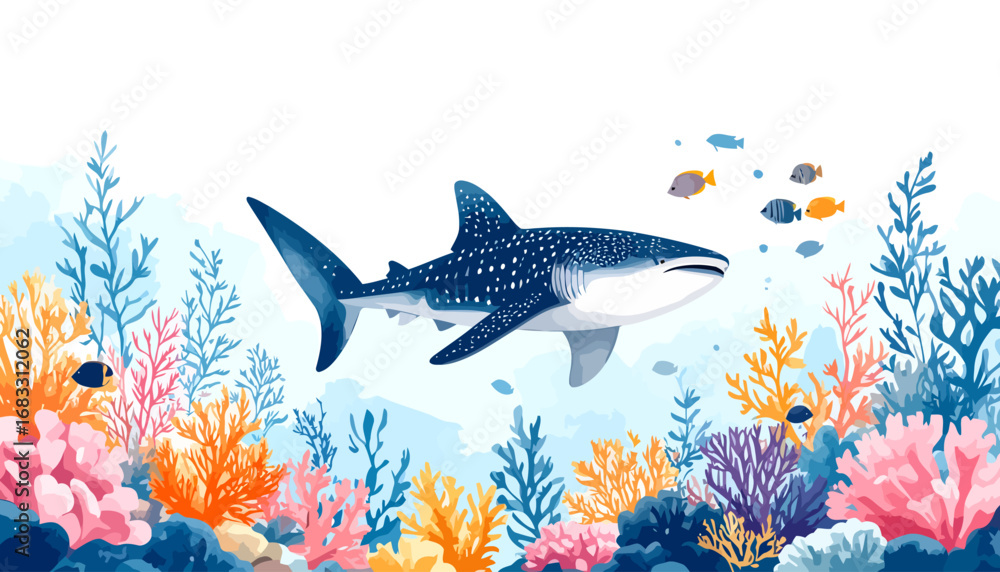 Obraz premium Majestic whale shark gracefully swimming underwater in a vibrant ocean.