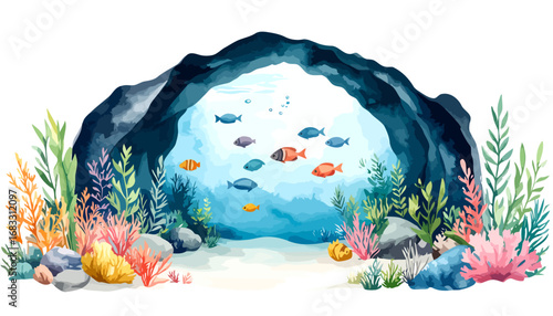 Vibrant underwater scene with colorful fish swimming in a coral reef cave.
