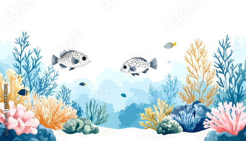 A beautiful watercolor illustration of fish swimming in a vibrant coral reef.