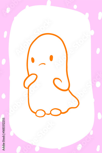 Festive cards with doodle ghosts vector icons set for Halloween. Cute childish characters with pumpkin, bat, spider, web, wings, Smiling kids elements for print and nursery decor